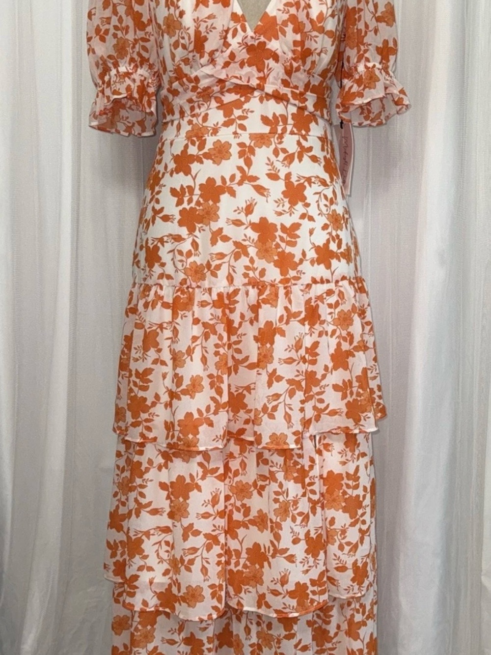 Small Midnight Doll Orange/White Floral Ruffle Tiered Cottagecore Maxi Dress New